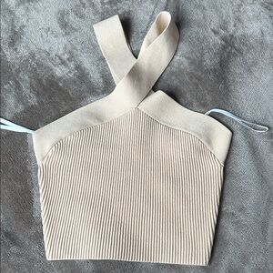 Aritzia Babaton sculpt knit cross crop top in tan